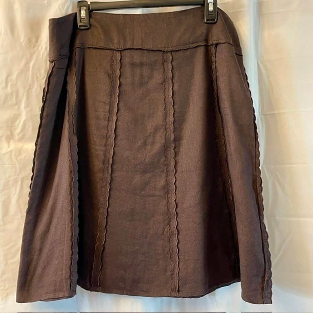 INC International Concepts Brown Linen Scalloped Ruffle Seam A-Line‎ Skirt Sz 14